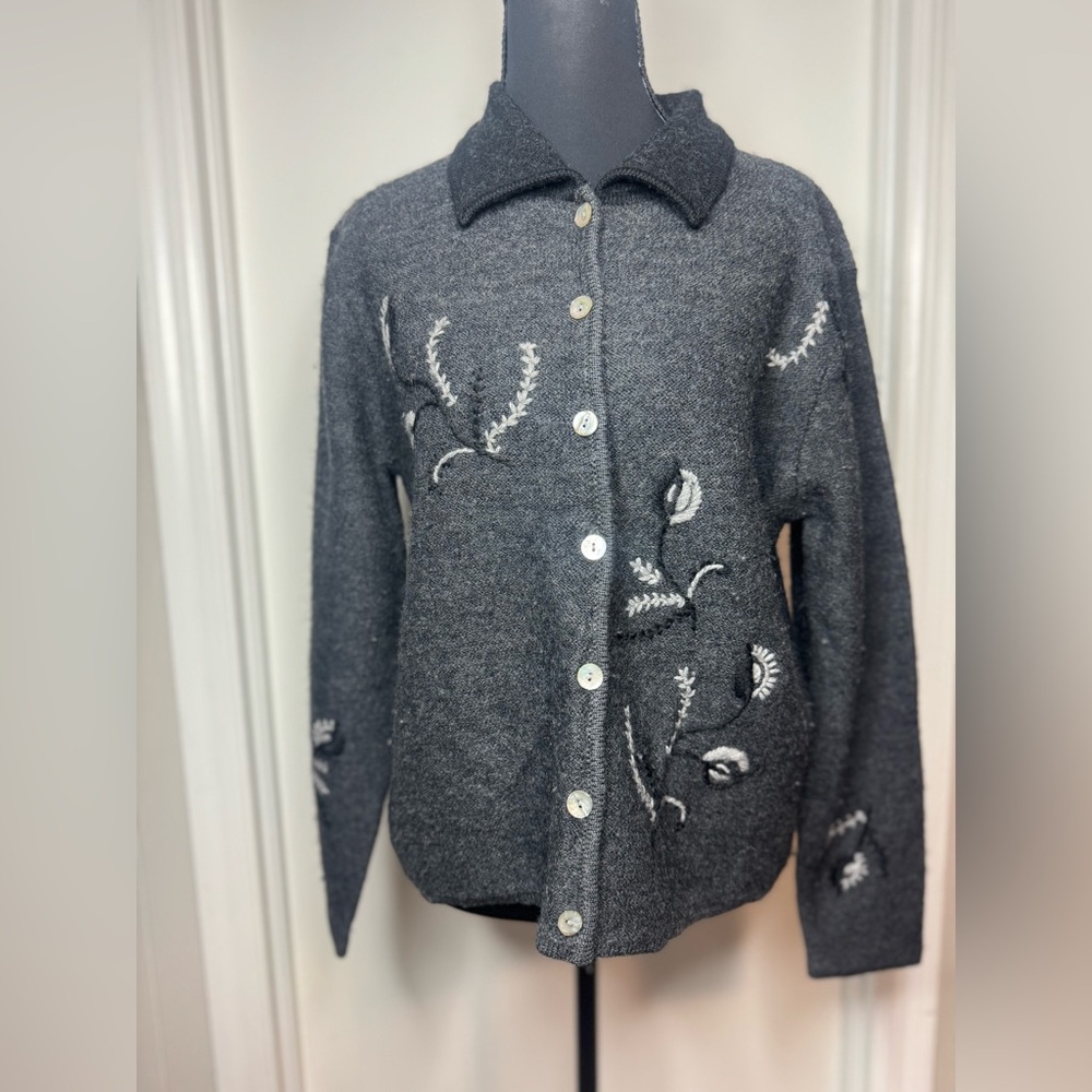 Karen Scott Charcoal Floral Button-Up Cardigan Size Medium